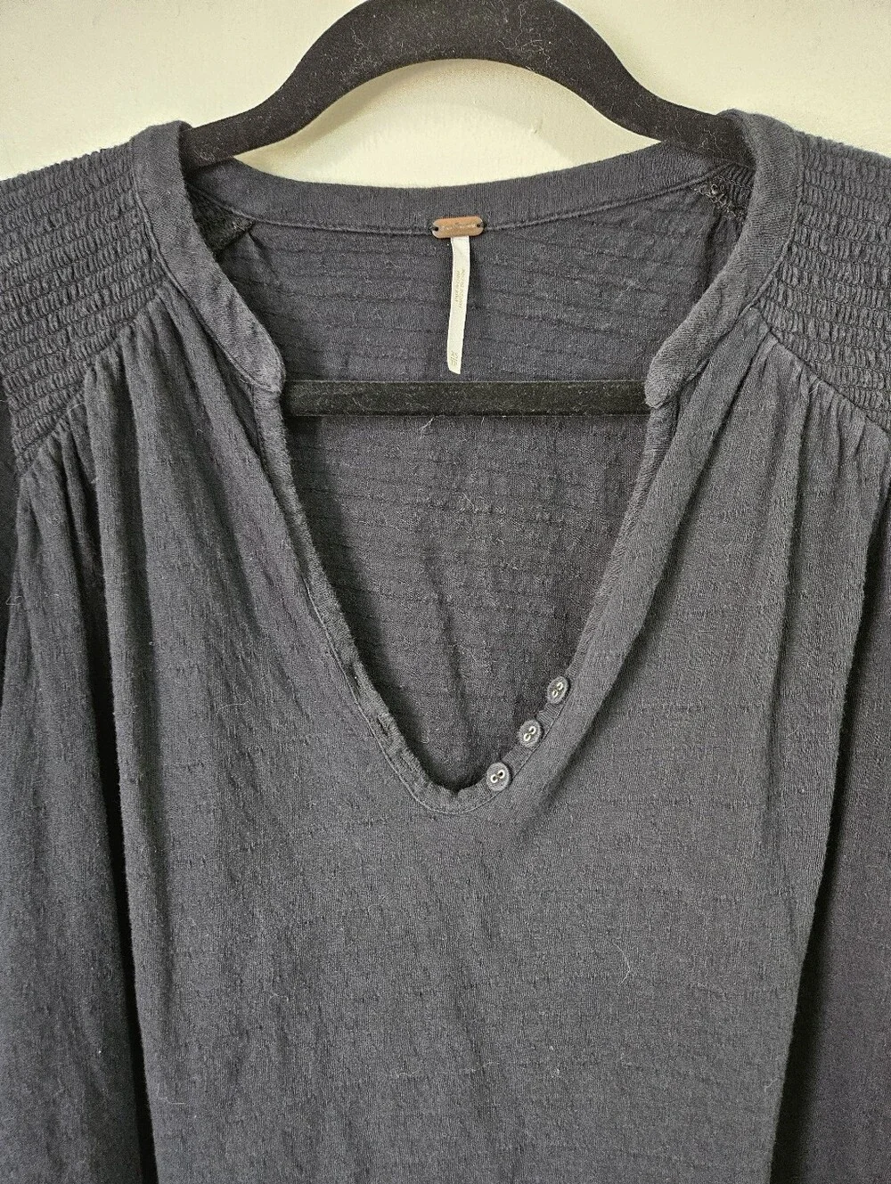 Free People Fever Dream Tee in Black V-Neck with Short, Ruched, Sleeves, Boho XS